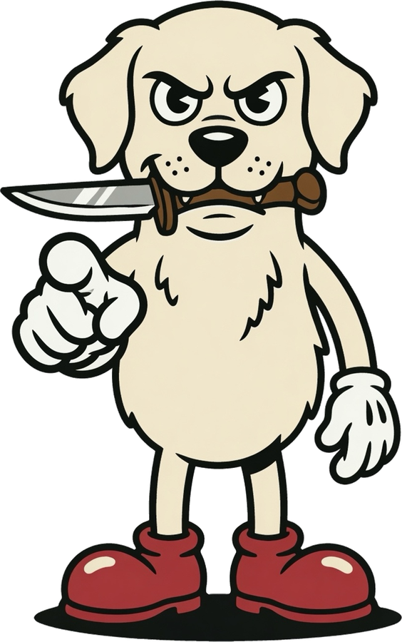 Murder Dog pointing straight at you, knife in his teeth